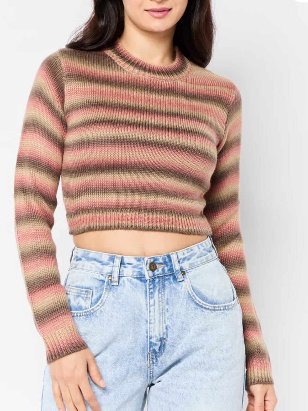 NIA Striped Mock Neck cropped Cropped Knit Sweater in Pink and Brown Small